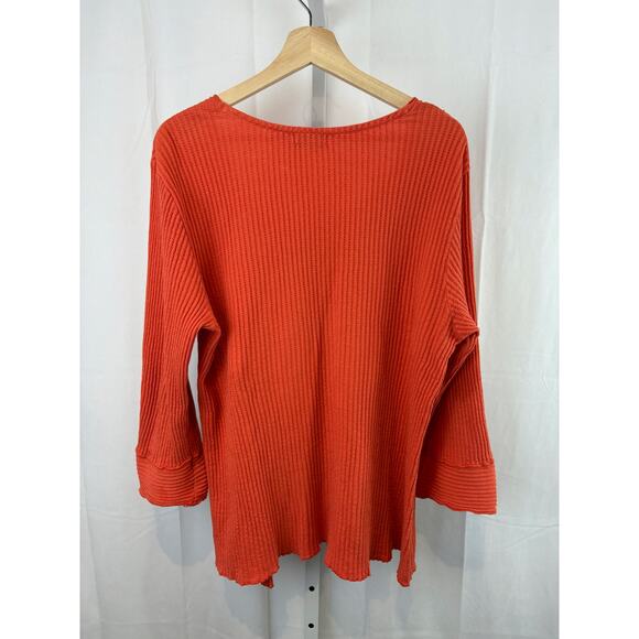 FENINI XL Waffle Knit Pullover Top Square Neck 3/4 Sleeve Buttons Cotton Orange - Picture 2 of 9